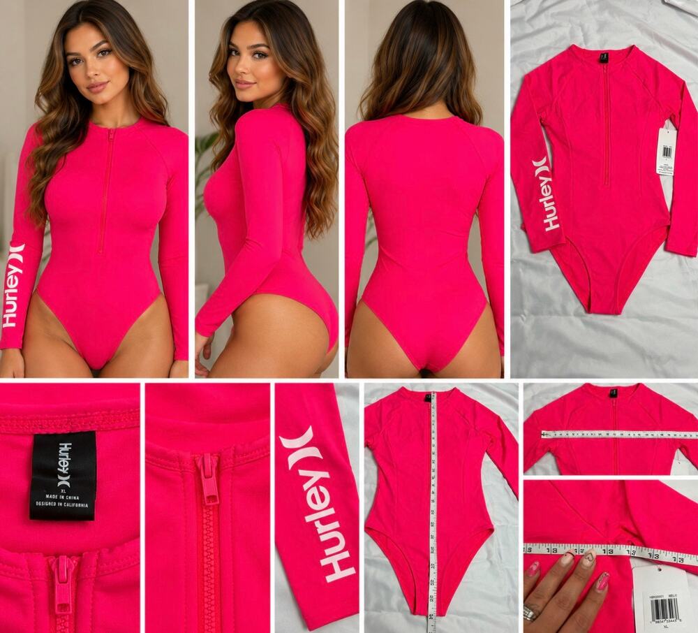 Hurley HBN30001 Melon Pink Long Sleeve One Piece Swimsuit Rashguard XL NWT
